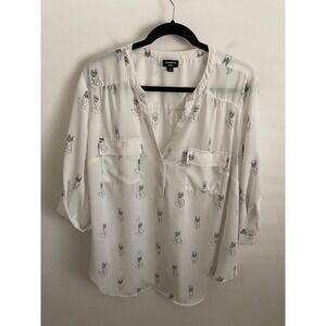 Torrid Harper Blouse Womens 2 White Cat Print Roll Tab Sleeve V-Neck‎ Top